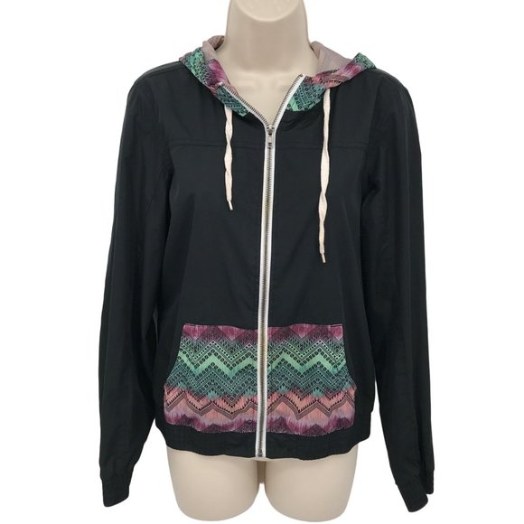 EMPYRE Womens Black Aztec Print Windbreaker Zip Up Hooded Jacket Size M - Picture 1 of 6